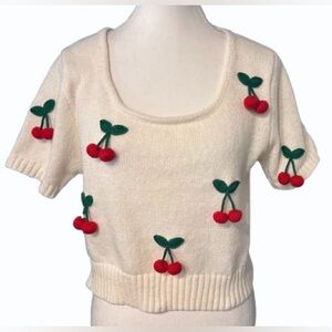 Cherries! Crocheted  Sweater Luna Ivy 
 Short Sleeved Fruit Anthropologie Boho